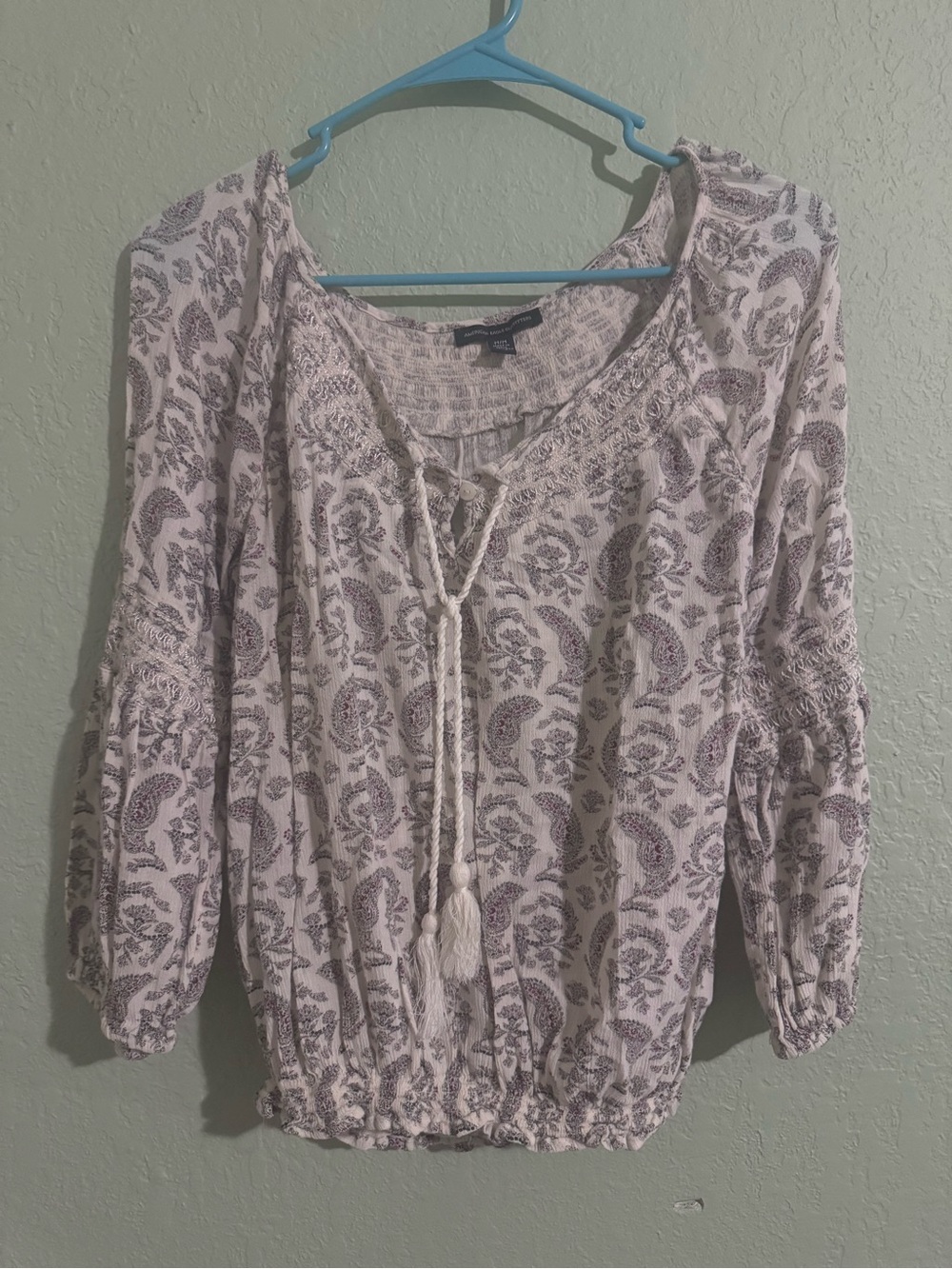 American Eagle Outfitters maroon Paisley boho Peasant Tunic with Tassel Tie sz M